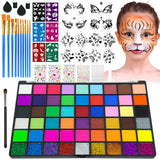 MULVINNIE 54 Colors Face Painting Kit, Non-Toxic Water Activated Face Paint Palette, Facepaint Makeup Kit with Brushes, Stencils
