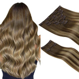 HOTBANANA Clip in Hair Extensions Real Human Hair, 150g 9pcs 20 inch Chocolate Brown with Honey Blonde Straight Remy Clip in Ext