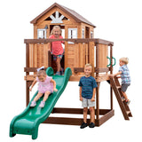 Backyard Discovery Echo Heights Elevated Cedar Wooden Kids Playhouse with Wave Slide, Play Kitchen, Wrap-Around Deck, Flat-Step