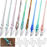 Outus 9 Pieces Handmade Glass Signature Pen High Borosilicate Glass Crystal Vintage Dip Pen with 9 Pieces Pen Holder for Writing