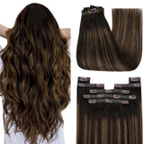 YoungSee Clip in Hair Extensions Balayage Remy Human Hair Clip in Extensions Dark Brown Mix Medium Brown Highlights Short Hair E