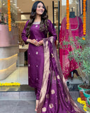 Anni Designer Women'S Cotton Blend Straight Embroidered Kurta With Pant & Dupatta (Beyond Purple_Xl_Purple_X-Large),Purple,XL,Cotton Blend,Regular,