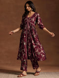 Libas Womens Printed Silk Blend A-Line Kurta With Trousers Maroon L