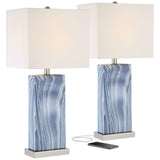 360 Lighting Connie Modern Table Lamps 25 Tall Set of 2 with USB Charging Ports Dimmers Blue Faux Marble White Rectangular Shade