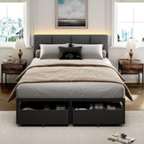Furnulem Full Size Bed Frame with Headboard,Upholstered Bed Full with LED Light,USB Charging Station,Platform Bedframe with 2 Fa