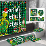 4 Pcs Christmas Bathroom Set, Shower Curtain, Non-Slip Rugs, Toilet Lid Cover and Bath Mat - 72 X 72 Inches with Hooks - Holiday