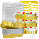 ylnurac 200Pack Gold Mini Cake Pans Disposable Mini Loaf Pans with Lids and Spoons and Stickers, 6.8Oz Aluminum Foil Pans Tins,