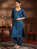 Libas Women'S Silk Blend Solid Kurta Set (39054_Teal Teal M