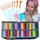 Face Painting Kit, 12 Split Cake Face Paint Palette Makeup Kit Non-Toxic Water Activated with Brush, Sponge for Party Halloween