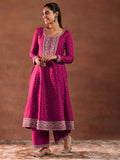 Libas Magenta Chanderi Silk Embroidered Kurta Sets For Women Magenta Xl