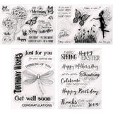 Outus 4 Pieces Clear Stamps Summer Silicone Stamp Cards with Flower, Butterfly, Dragonfly, Greeting Words Pattern for Card Makin