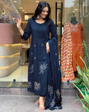 Gosriki Women'S Rayon Viscose Anarkali Printed Kurta With Pant & Dupatta (Gangori Kerosin-Gs_M_Dark Blue_Medium),Dark Blue,,B0DX25723L