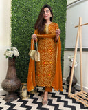 Anni Designer Women'S Rayon Blend Straight Bandhej Printed Kurta With Pant & Dupatta (Turae Mustard-Vks01_Xl_Mustard_X-Large),Mustard,XL,,,