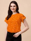 Wedani Women'S Casual Short Sleeves Round Neck Foral Regular Fit Top (Medium Orange),Orange,M,Polyester,Western,
