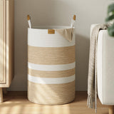 Nunsino 75L Striped Laundry Hamper with Leather Handles,Large Foldable Laundry Basket for Clothes,Cotton Rope Storage Bin for Bl