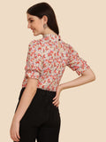 Wedani Women'S Casual Puff Sleeves Ruffled Collor Foral Top (Large Pink),Pink,L,Rayon,Regular,
