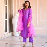 Anni Designer Women'S Cotton Blend Mirror Work Straight Kurta With Pant & Dupatta (Mirror-Purple_S_Purple_Small),Purple,S,Cotton Blend,Regular,kurta, Dupatta
