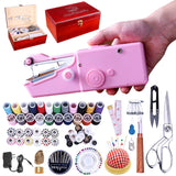 Hand Held Sewing Machine, with Red Wooden Sewing Box and 143 PCS Sewing Kit, Mini Portable Handheld Sewing Machine for Adults an