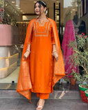 Anni Designer Women'S Rayon Blend Straight Embroidered Kurta With Pant & Dupatta (Manushi Orange_4Xl_Orange_Xxxx-Large),Orange,4XL,Rayon Blend,Regular,