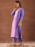 Libas Womens Woven Design Silk Blend Straight Kurta With Trousers And Dupatta Lavender Xl