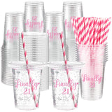 Funnymoom 50 Sets 21st Birthday Cups for Women 16 oz Birthday Plastic Cups with Lids and Straws Clear Happy Birthday Disposable