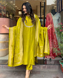 Anni Designer Women'S Silk Blend Straight Embroidered Kurta With Pant & Dupatta (Deluxe Green_Xl_Green_X-Large),Green,XL,,,