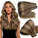 Full Shine Sew In Hair Extensions Real Human Hair Invisible Weft Human Hair Extensions Color Medium Brown Highlight Honey Blonde