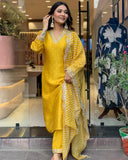 Anni Designer Women'S Rayon Blend Printed Straight Kurta With Pant & Dupatta (June Yellow_Xxl_Yellow_Xx-Large),Yellow,2XL,,,
