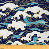 Cartoon Sea Wave Fabric by The Yard Japanese Style Ukiyoe Decoration Fabric for Craft Art Lovers Blue Golden Waves Ocean Theme F