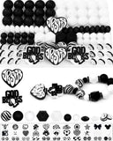 102PCS FIVEIZERO Black & White Focal Silicone Beads for Keychain Making - Jesus, Round, Lentil, Hexagon & Rhinestone Spacer Bead