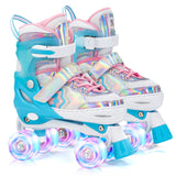 SULIFEEL Rainbow Unicorn 4 Size Adjustable Light up Roller Skates for Girls Boys for Youth Blue Large