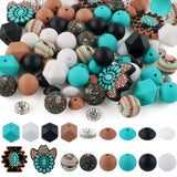 Kovict 82Pcs 12mm 14mm 15mm Silicone Beads for Keychain Making, 10mm Rondelle Rhinestone Spacer Print Hexagon Round Turquoise Wh