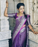 Flosive Womens Kanjivaram Silk Saree With Handloom Weaving Work With Blouse (Purple)