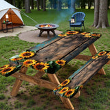 BSRAMZ Picnic Table Cover with Bench Covers Wood Sunflower Flowers Wooden Floral Waterproof Windproof Fitted Outdoor Tablecloth