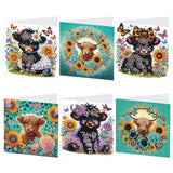 Tontut 6pcs Diamond Art Painting Kit Greeting Card, Sunflower Yellow Cow 5D DIY Diamond Handmade Holiday Greeting Card with Enve