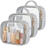 PACKISM TSA Approved Toiletry Bag - 3 Pack Ruched Textured Clear Makeup Bag, Metallic Silver, with 180 Large Opening and Support