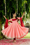 Anni Designer Women'S Rayon Viscose Solid Anarkali Kurta With Pant & Dupatta (Kuspari Peach_S_Peach_Small),Peach,S,,,