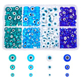 NBEADS 360 Pcs Evil Eye Beads Glass, 4 Colors Handmade Lampwork Flat Round Glass Evil Eye Beads Strands for Bracelets Necklace J