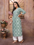 Rangita Green Cotton Calf Length Embroidered A-Line Kurti | Kurta For Women_Xl