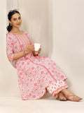 Libas Womens Printed Cotton A-Line Kurta With Palazzos Peach M
