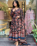 Gosriki Women'S Rayon Blend Printed Anarkali Kurta With Pant & Dupatta (Svr Black-Gs_Xl_Black_X-Large),Black,,B0DR1QCX13