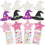 Juexica 12 Pcs Fairy Wands Kit Including 6 Unfinished Wood Star Wands, 6 Broom Sticks and 4 Sheets Gem Stickers for Witch and Pr