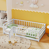 KOMFOTT Twin Size Wood Floor Bed with Door & 21.5Fence, Montessori Bed Frame with Full Length Safety Guardrails, Door & Latc