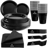 MirthMood 350PCS Black Disposable Plates, Black Party Supplies, Includes 50 Dinner Plates, 50 Salad Plates, 50 Silverware, 50 Na