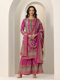 Libas Womens Printed Chinon Straight Kurta With Palazzos And Dupatta Pink 2Xl