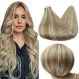 Full Shine Tape in Hair Extensions Human Hair 20 Pcs 18 Inch Color 16/22 Golden Blonde Highlight Medium Blonde Tape in Extension