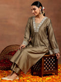Libas Gerua Womens Yoke Design Silk Blend Straight Kurta With Trousers Gold M