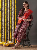 Anni Designer Women'S Cotton Blend Straight Printed Kurta With Pant & Dupatta (Karka Op-Wine-Kbv_M_Wine_Medium),Wine,M,,,