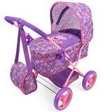 Peppa Pig: Doll Deluxe Pram & Bag - Purple, Pink, Flowers - Accessory for Dolls Up to 18, Shoulder Bag, Foldable, Retractable Ca