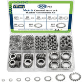 Vifmy External Tooth Lock Washers Assortment Kit(500 Pack),M2.5 M3 M4 M5 M6 M8 M10 M12 Metric 304 Stainless Steel External Star